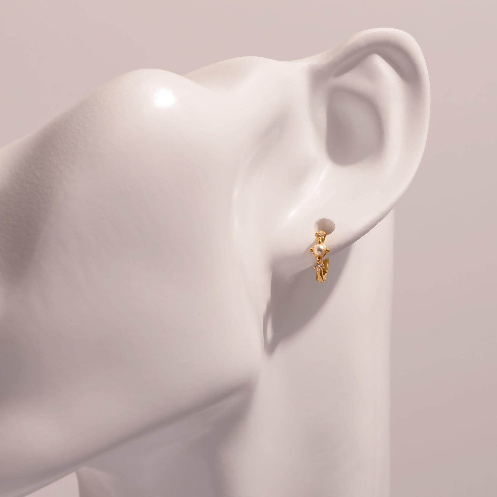 18K Gold Dipped Pearl and CZ Huggie Hoop Earrings