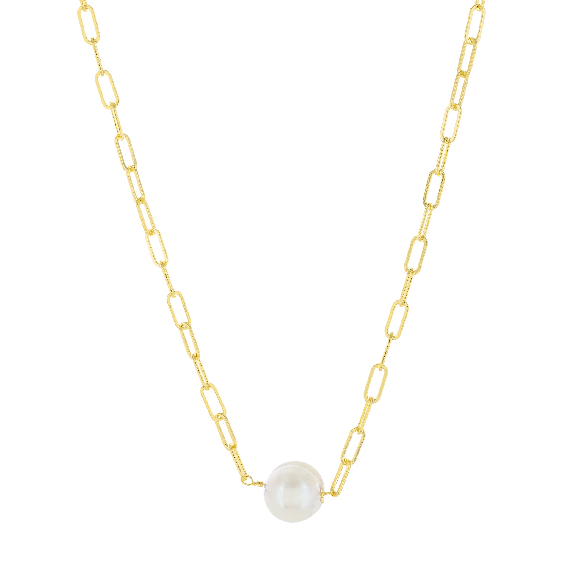 18K Gold Dipped Paperclip Chain Necklace with Freshwater Pearl Charm Pendant