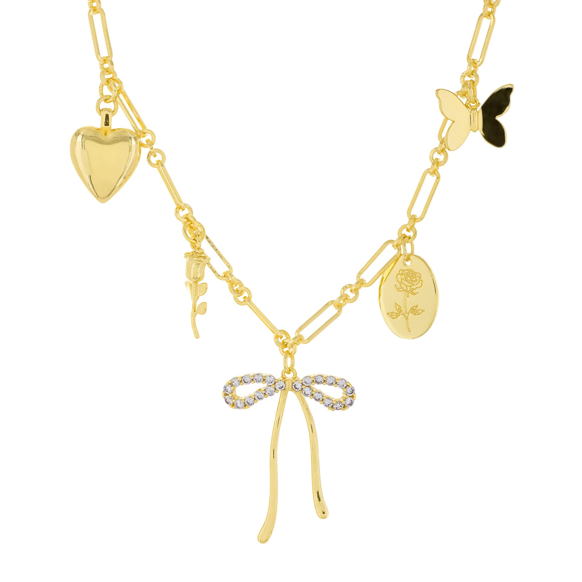 18K Gold Dipped Puffy Heart, Rose, Bow, Oval Pendant, & Butterfly Charm Station Necklace with CZ