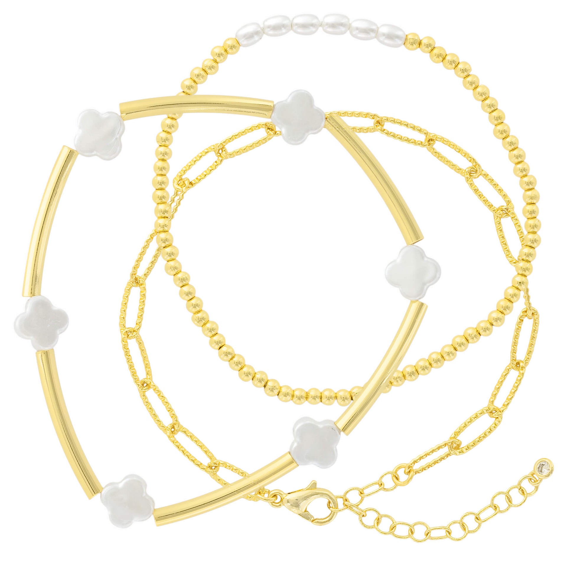 18K Gold Dipped Pearl Clover 3-Pack Stretch Bracelets