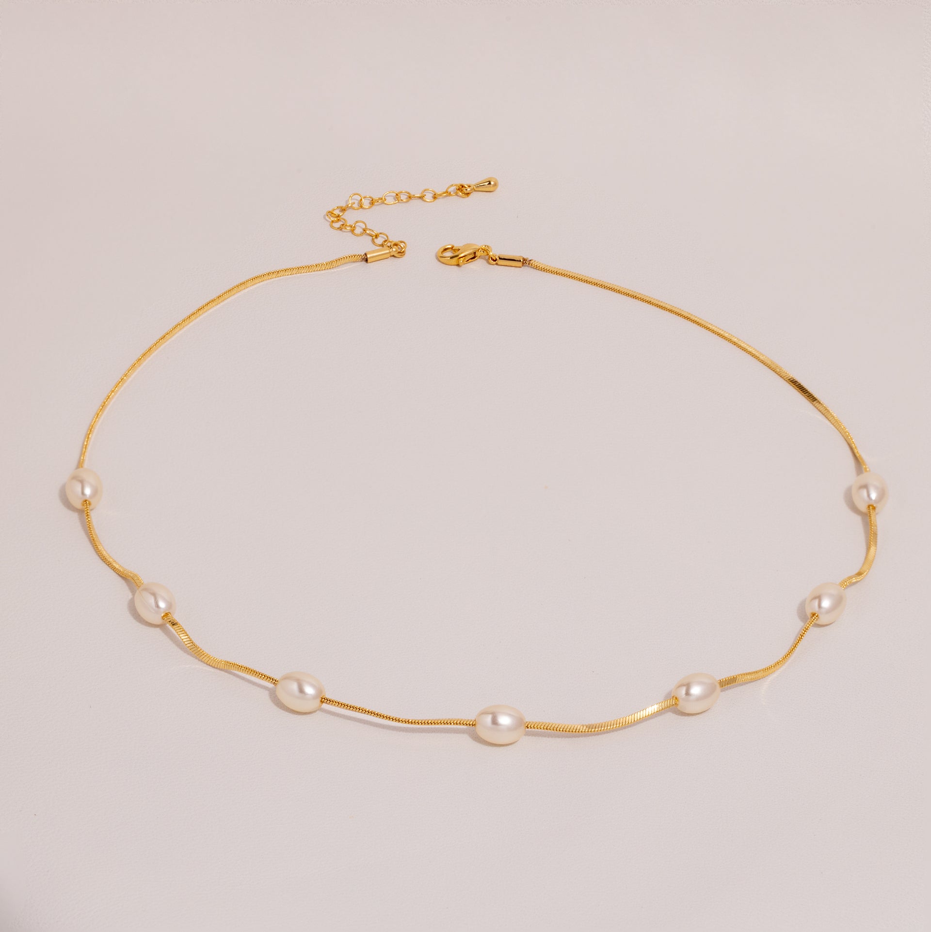18K Gold Dipped Pearl Station Snake Chain Necklace