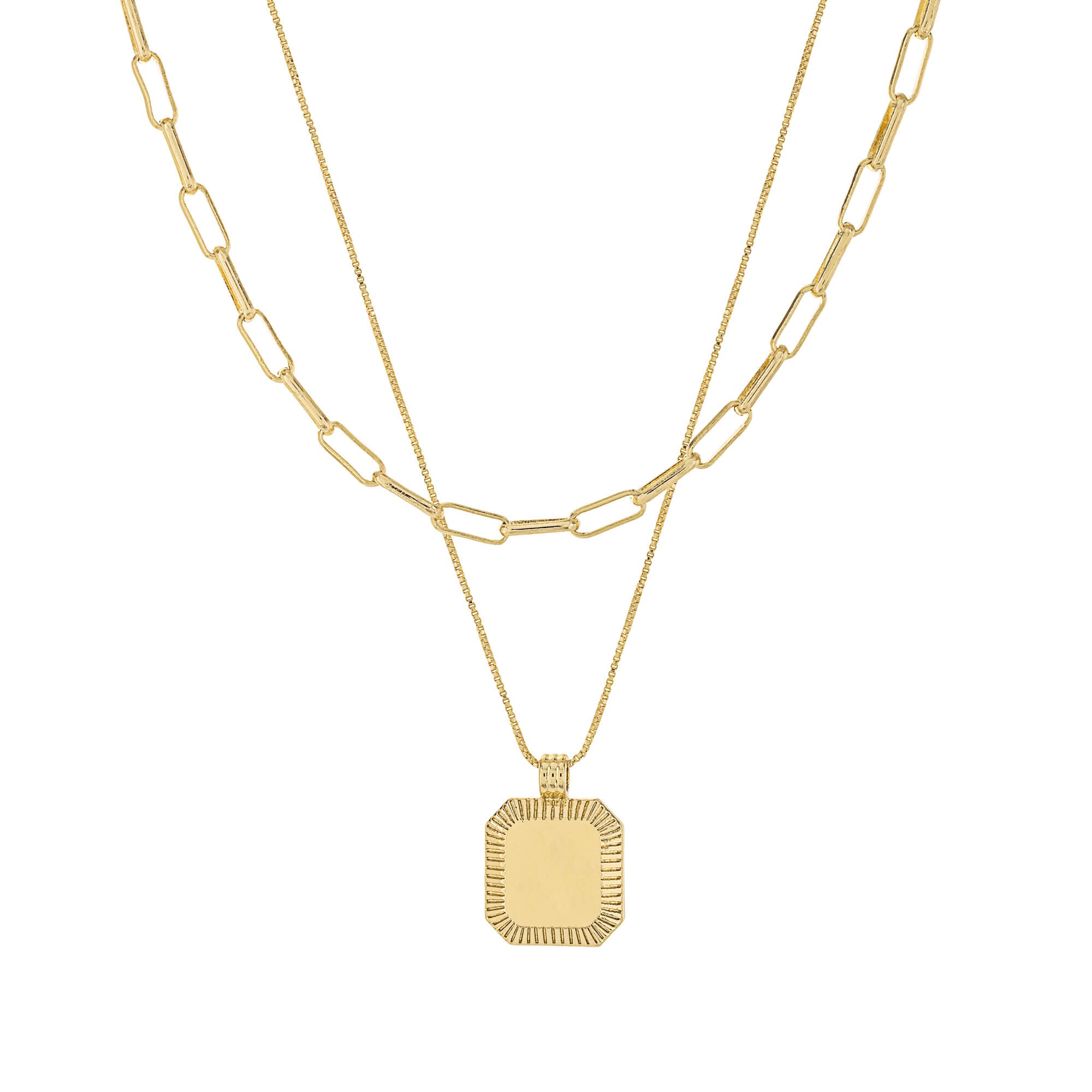 18K Gold Plated Two Row Paperclip & Box Chain Necklace with Geometric